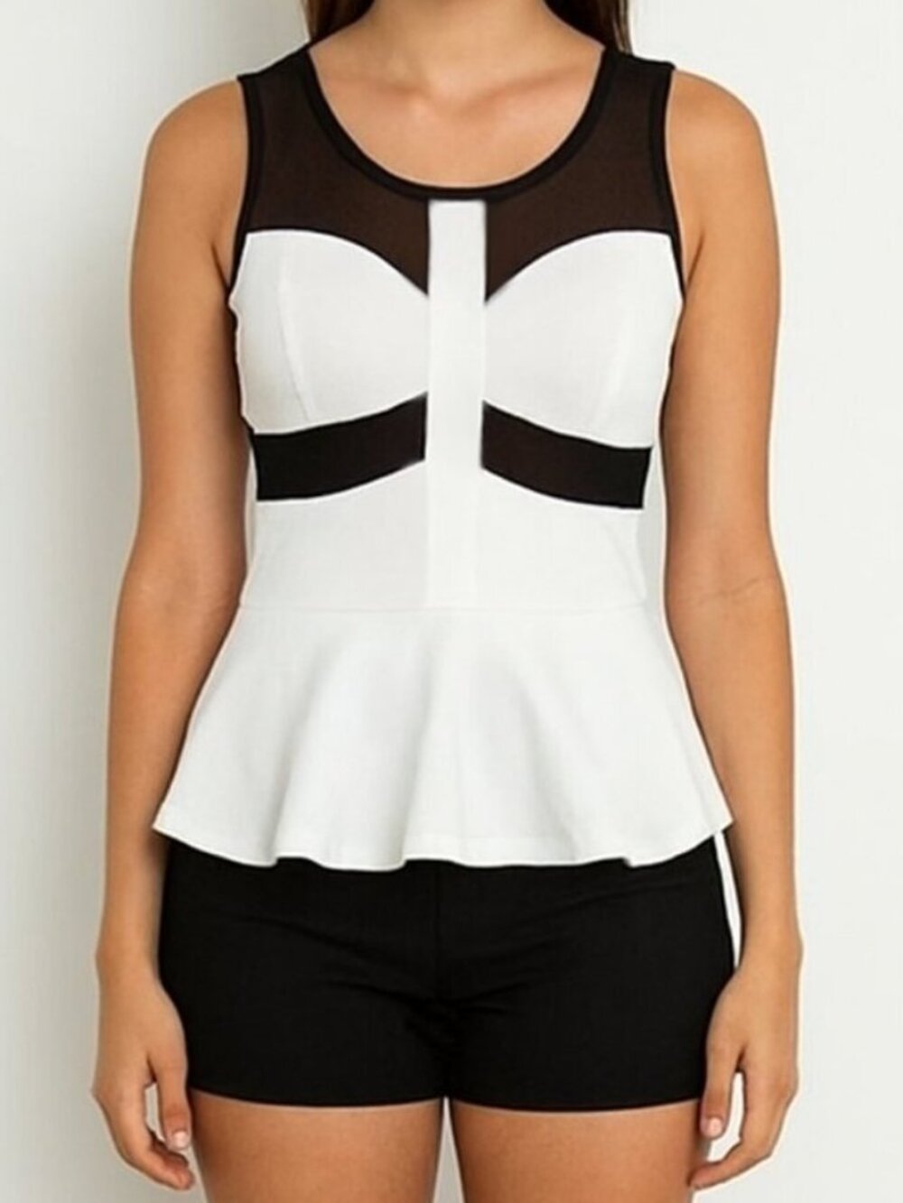 Soft White Peplum Black Mesh Sleeveless Top
